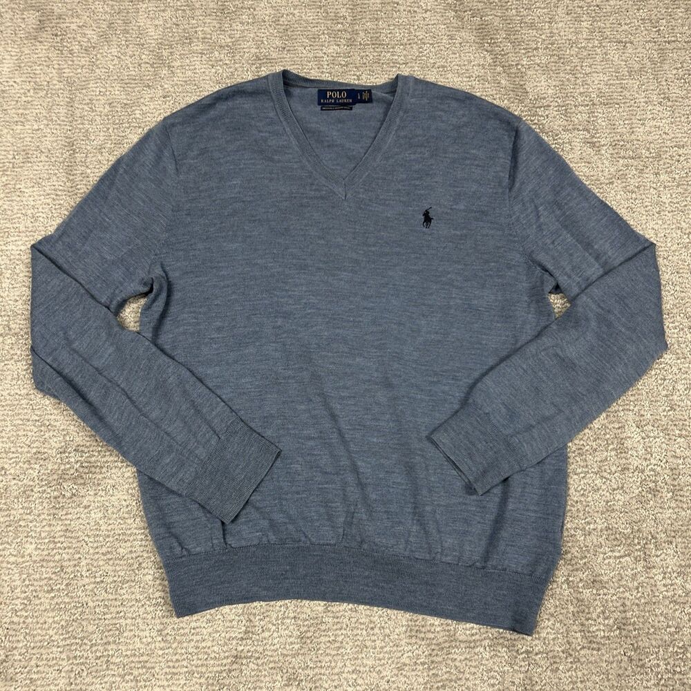 Polo Ralph Lauren Sweater Mens Large Blue Merino Wool V Neck Pullover Preppy